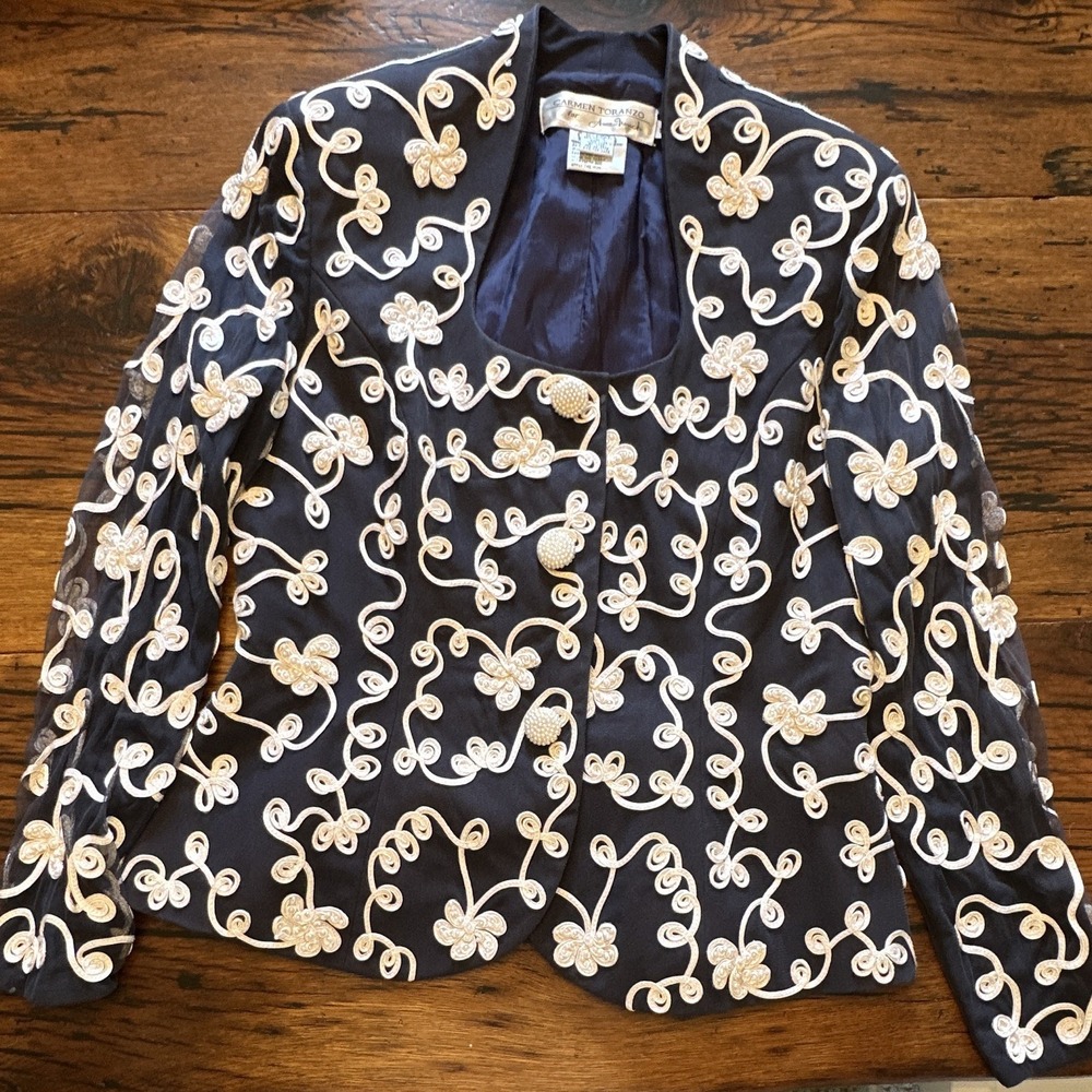 VINTAGE Carmen Toranzo for Anne French Navy  Blazer 10 Embroidered Mesh
